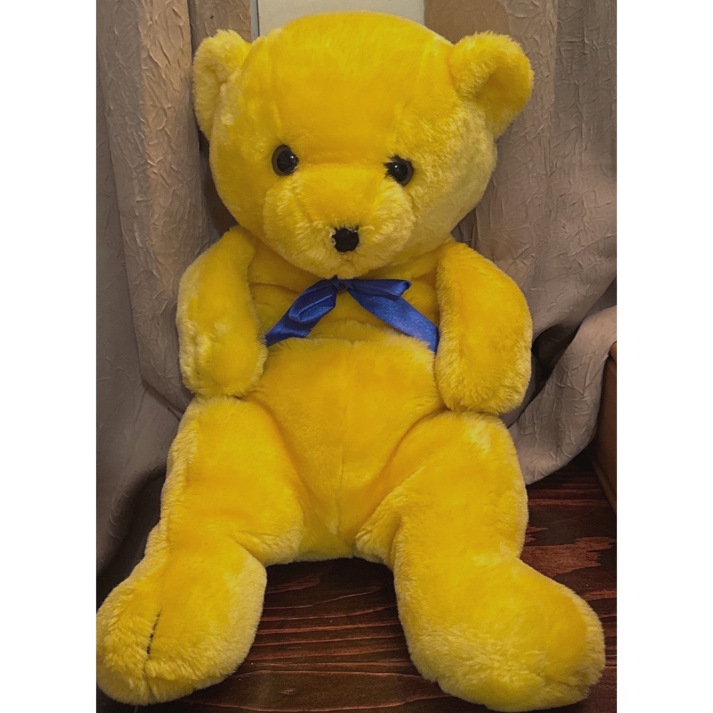 Vtg Teddy Bear Plush Yellow Blue Satin Bow Pot Belly Floppy 18" Stuffed Animal